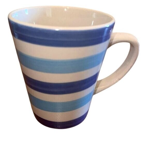 Blue & White Striped Ceramic Mug By California Pottery - Picture 1 of 6